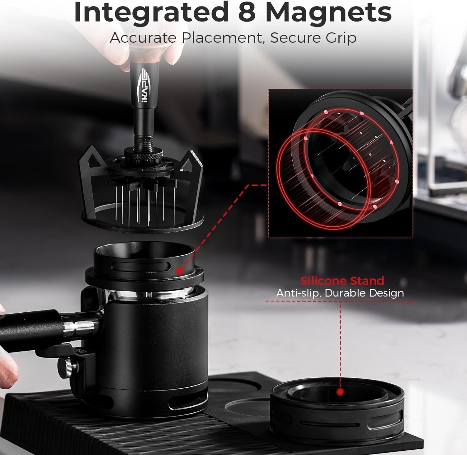 IKAPE Espresso Coffee V3 WDT Gereedschap, 58 mm roer- en verdelergereedschap, uitgerust met 8-naaldsroerder, instelbare naaldhoogte, koffieroerder met doseertrechter en standaard