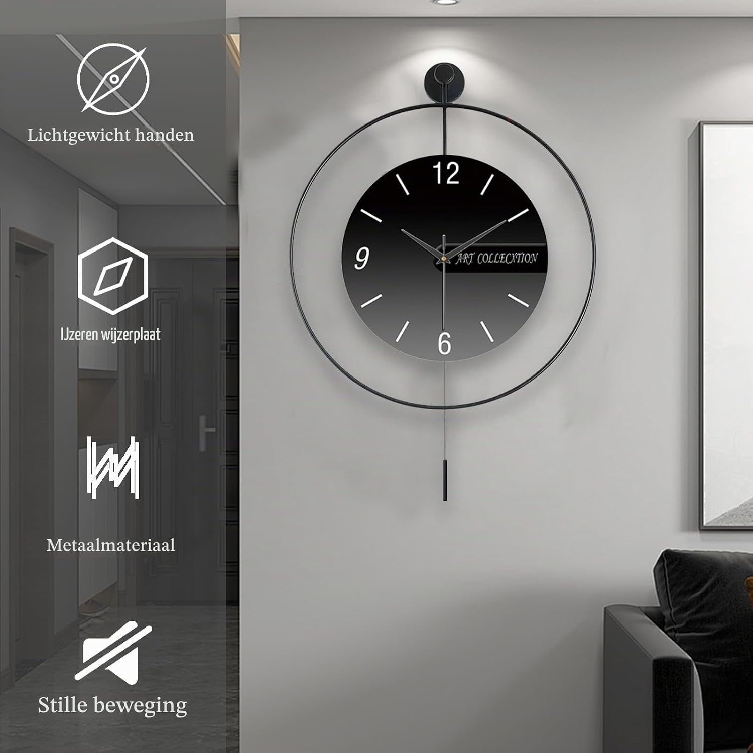 Moderne Wandklok Zwart 50x70 cm - Geruisloos met Slinger - 34% Korting