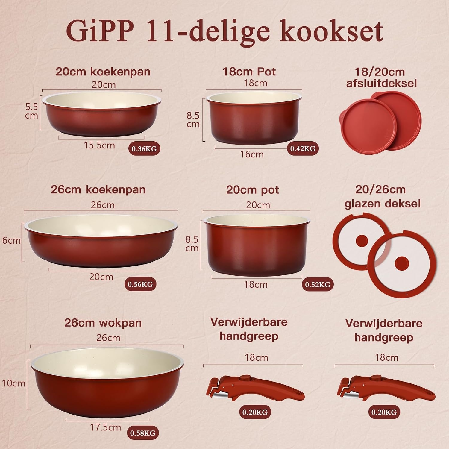 11-delige Pannenset Rood Kleurverloop - 34% Korting!