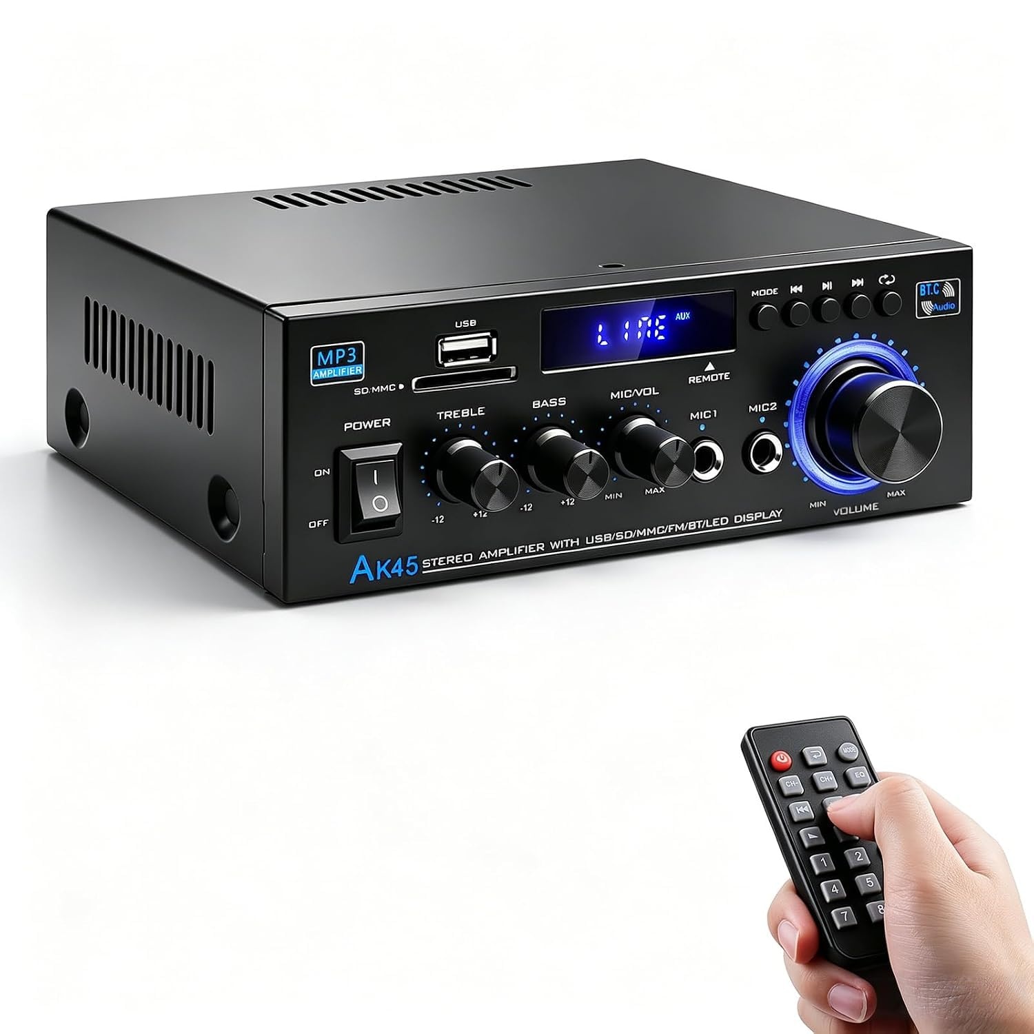 Audioversterker AK45 400W Bluetooth FM Radio USB/SD 2-kanaals met Korting