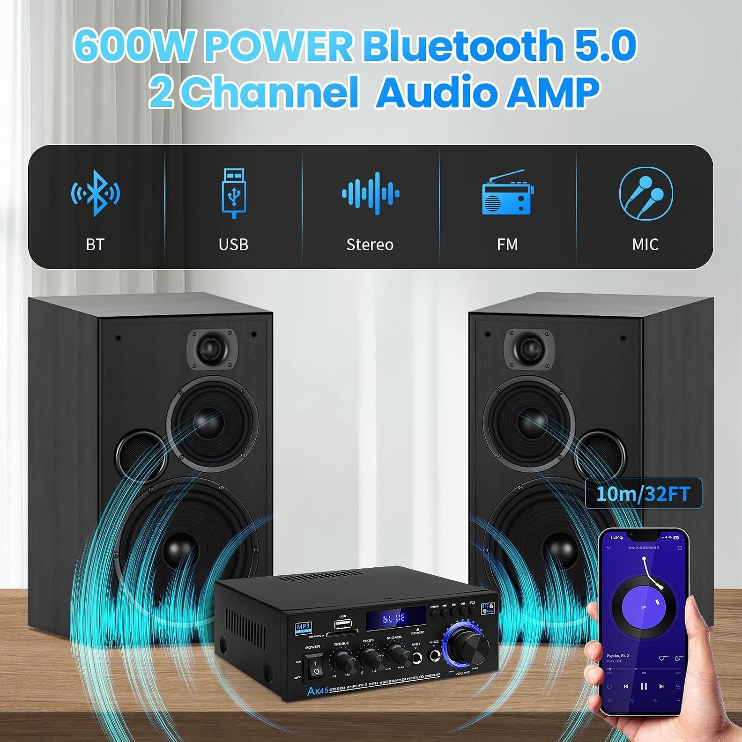 Audioversterker AK45 400W Bluetooth FM Radio USB/SD 2-kanaals met Korting