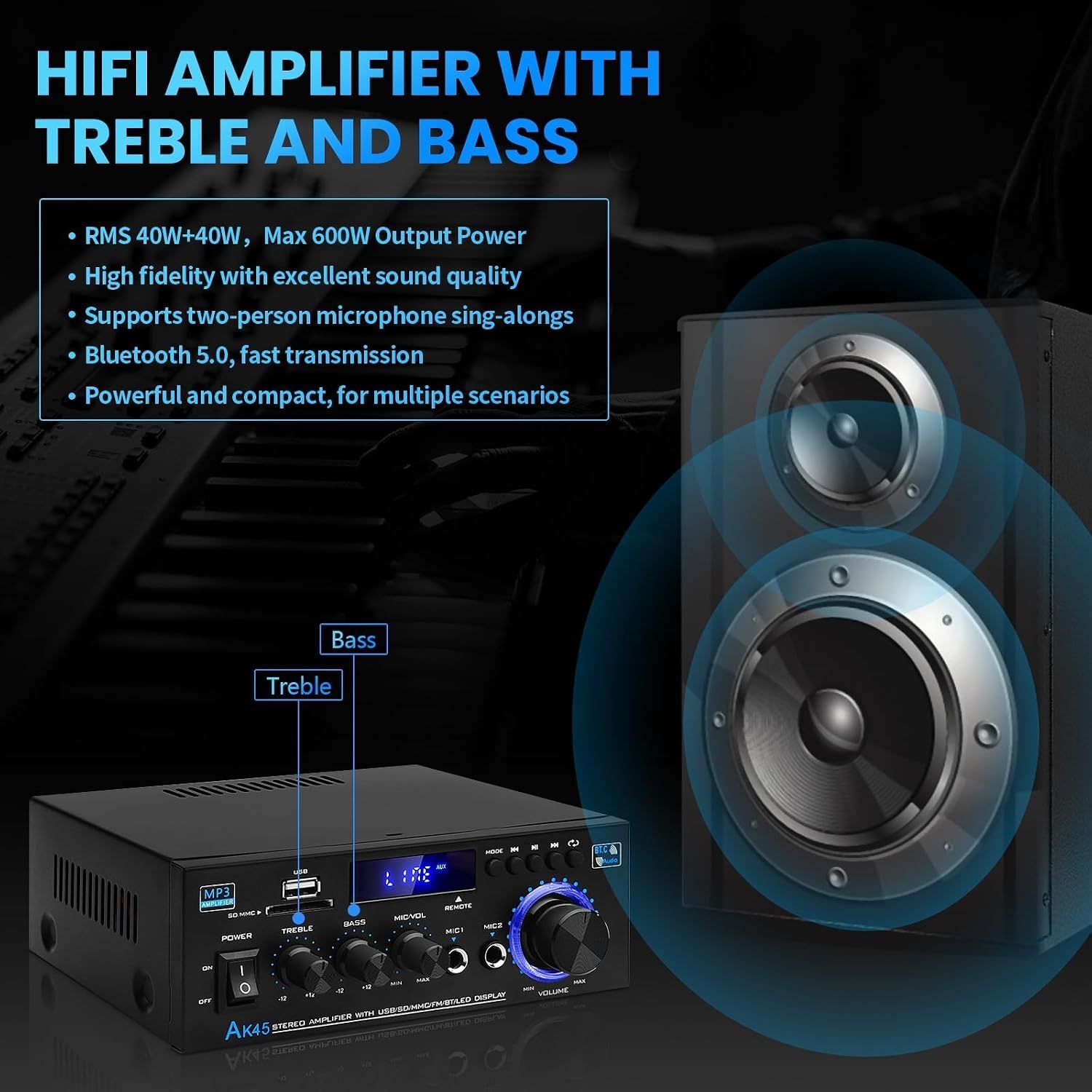 Audioversterker AK45 400W Bluetooth FM Radio USB/SD 2-kanaals met Korting