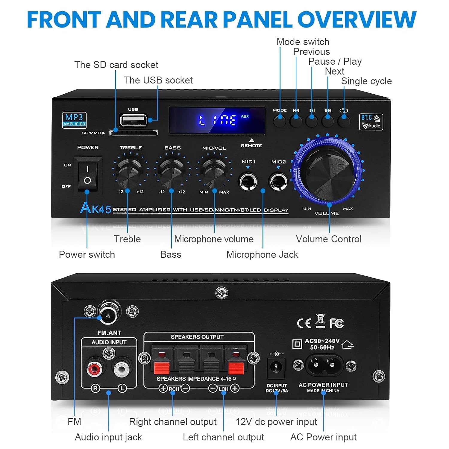 Audioversterker AK45 400W Bluetooth FM Radio USB/SD 2-kanaals met Korting