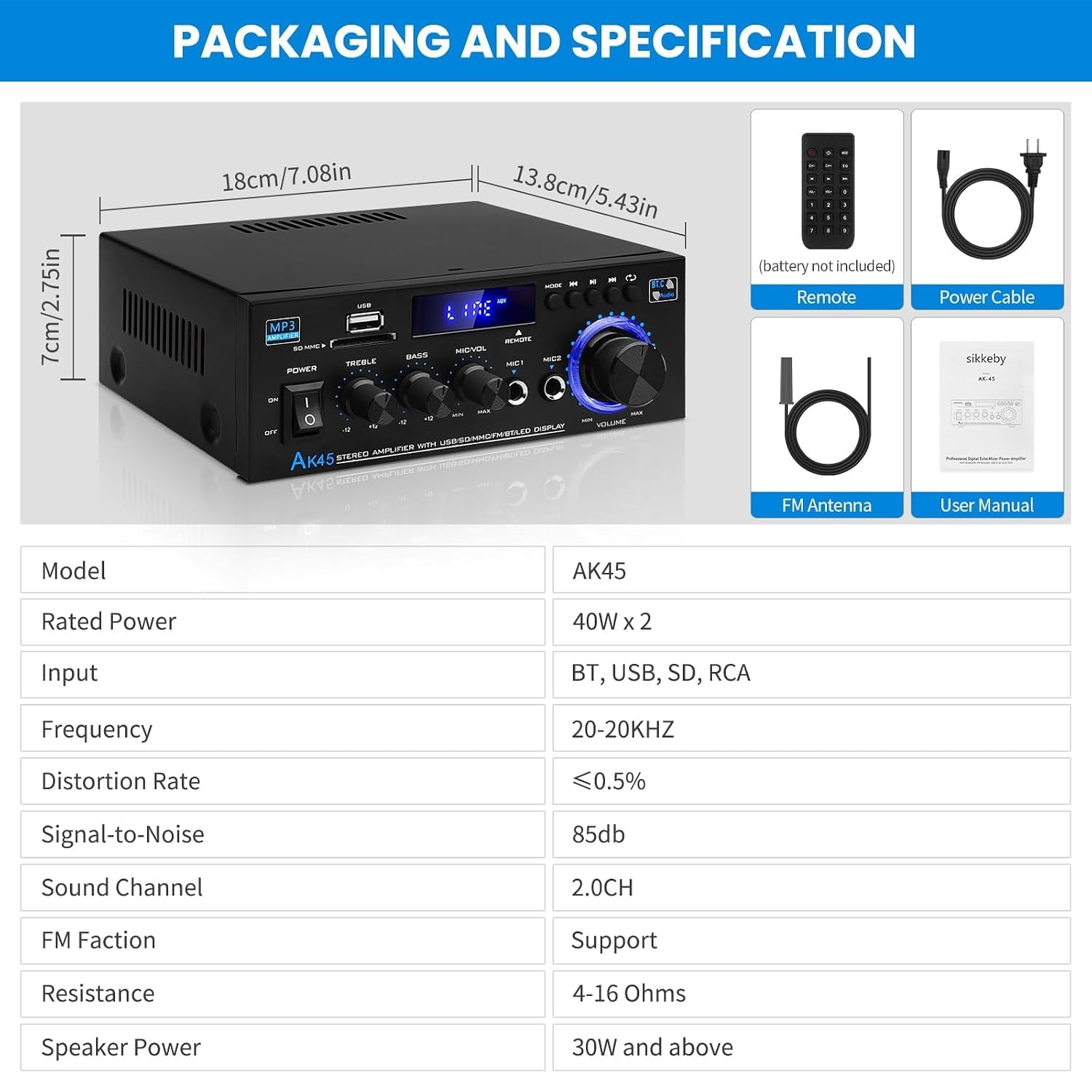 Audioversterker AK45 400W Bluetooth FM Radio USB/SD 2-kanaals met Korting