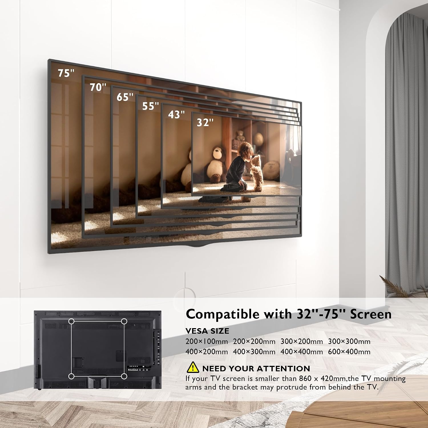 TV-Wandsteun 32-75" | Max 60 kg | Uitschuifbaar tot 1040 mm | Zwart