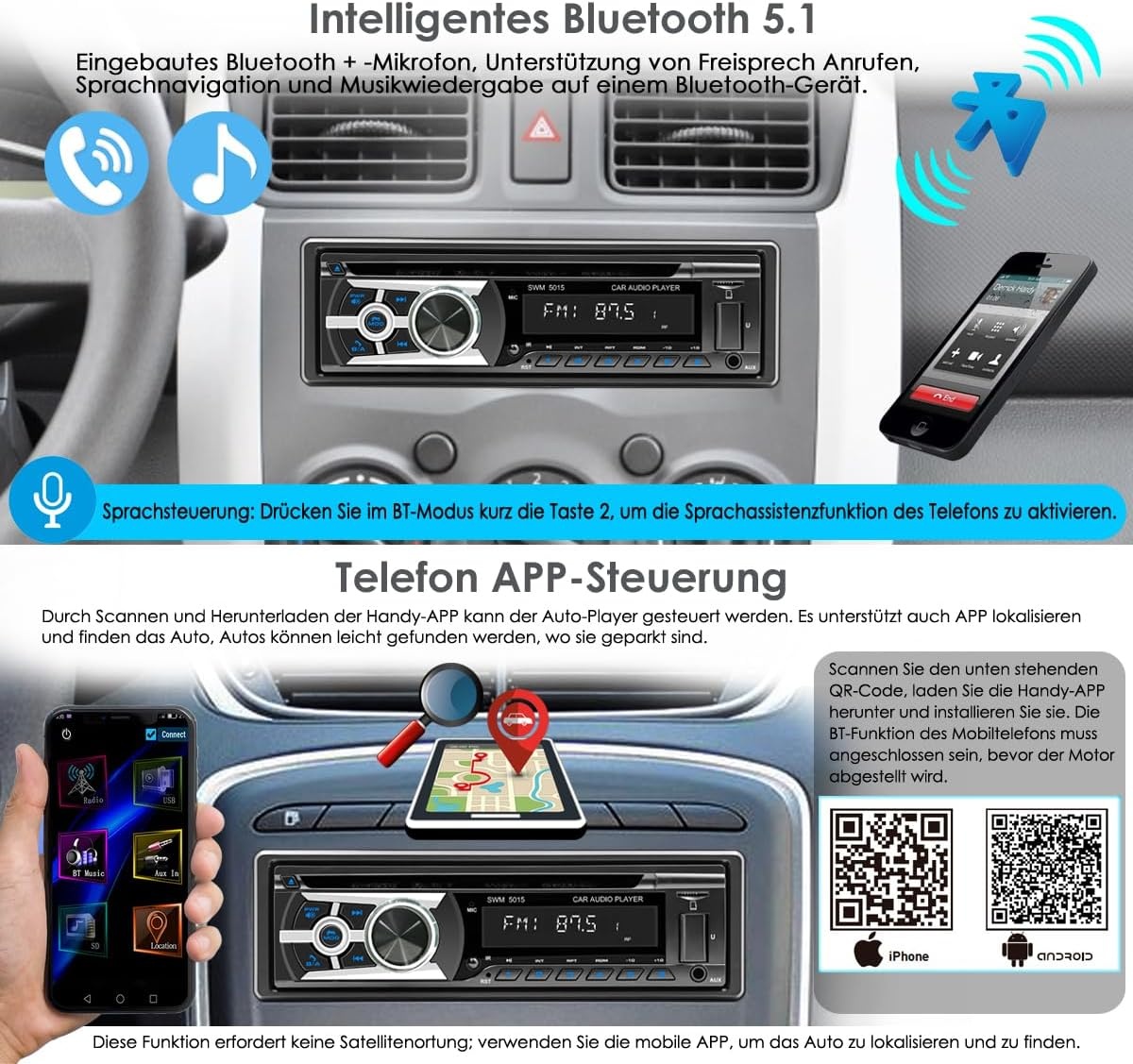 1-DIN Autoradio MP3 CD Bluetooth Handsfree USB AUX RDS 60W Zwart - 53% Korting