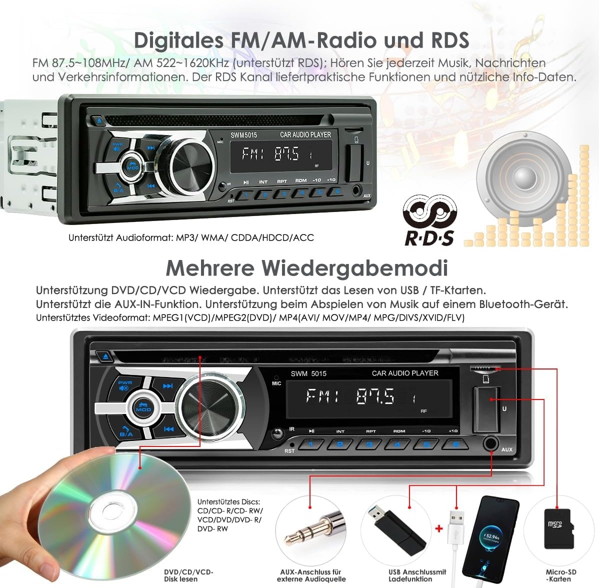 1-DIN Autoradio MP3 CD Bluetooth Handsfree USB AUX RDS 60W Zwart - 53% Korting