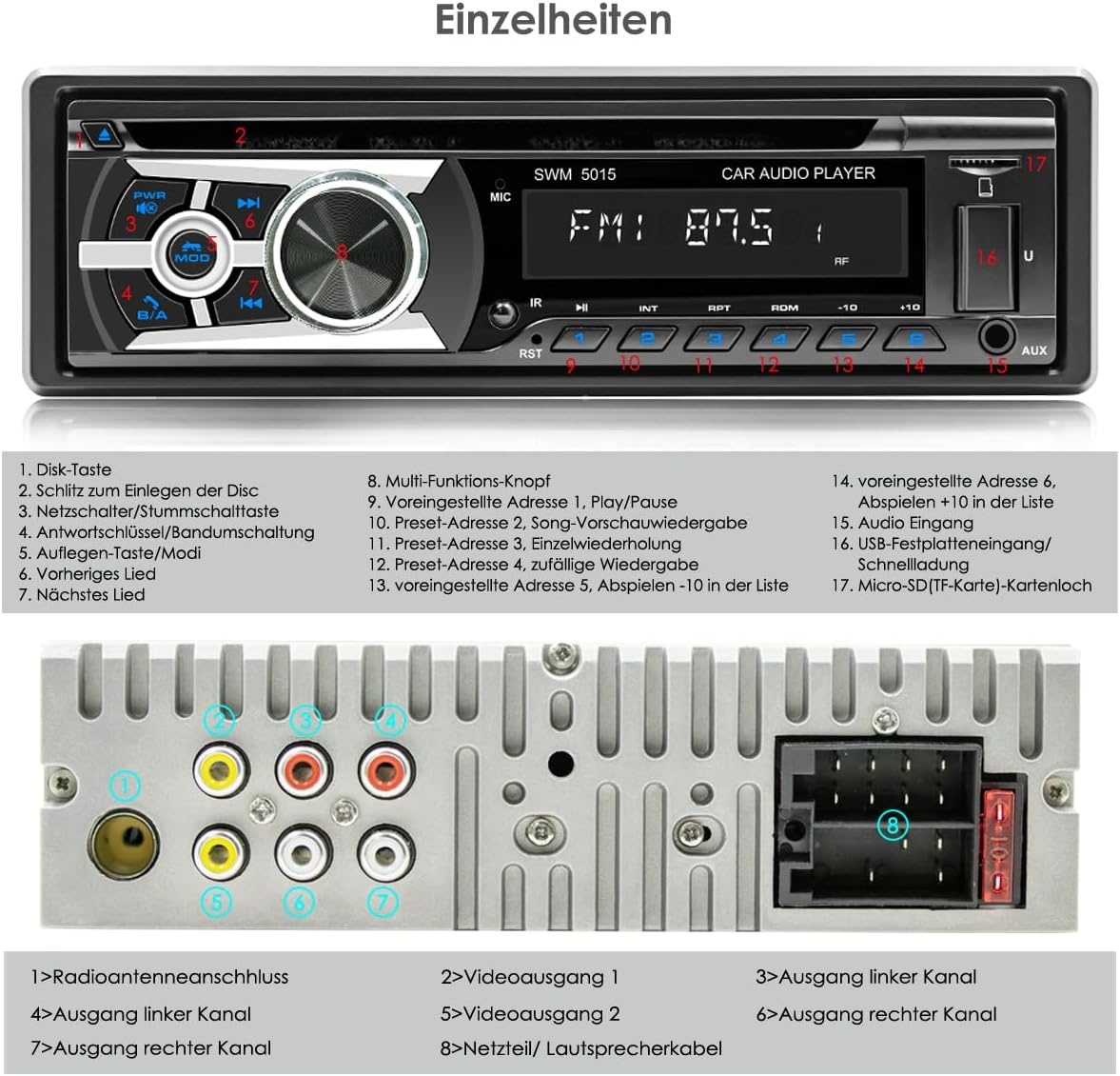 1-DIN Autoradio MP3 CD Bluetooth Handsfree USB AUX RDS 60W Zwart - 53% Korting