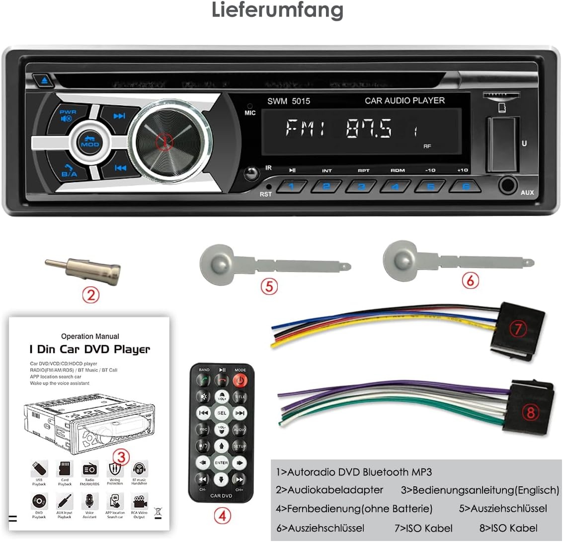 1-DIN Autoradio MP3 CD Bluetooth Handsfree USB AUX RDS 60W Zwart - 53% Korting