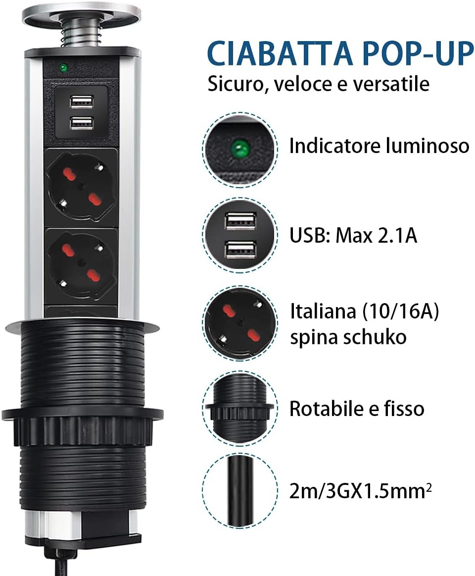 Intrekbare stekkerdoos met USB - 3 Italiaanse stopcontacten - 34% korting