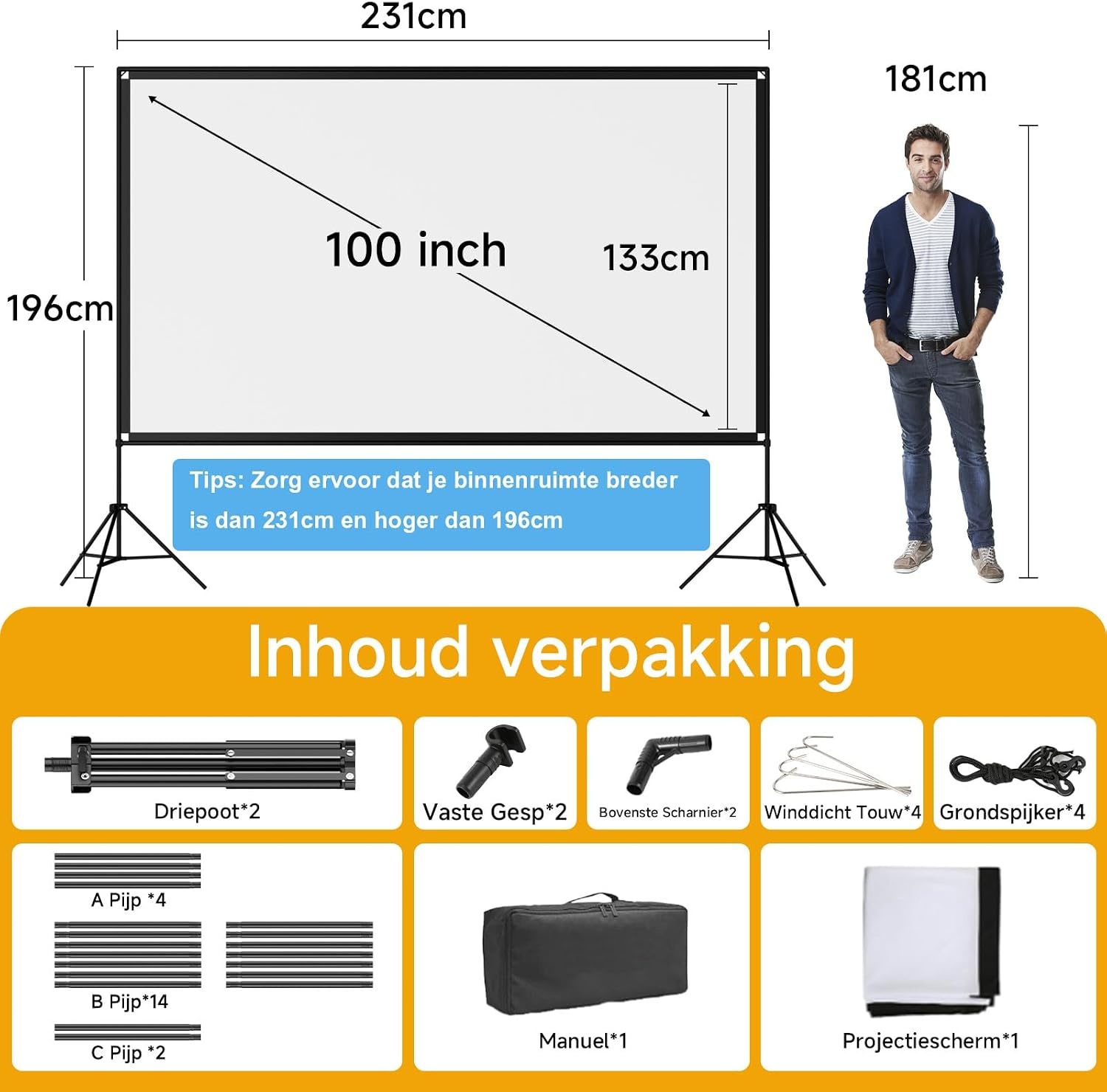 Draagbaar Projectiescherm 100" 16:9 4K HD met Statief - 34% Korting