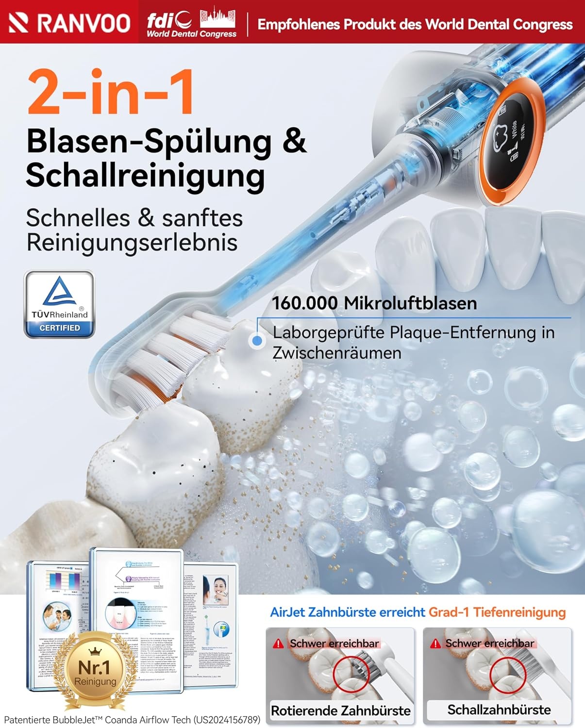 RANVOO [No.1 Clean & Whitening] Bubble Sound elektrische tandenborstel [100% plaque verwijdering] 60 dagen batterij, tandvleesbescherming, 3 modi, timer, reisslot, oplaadbaar, houder, stergrijs