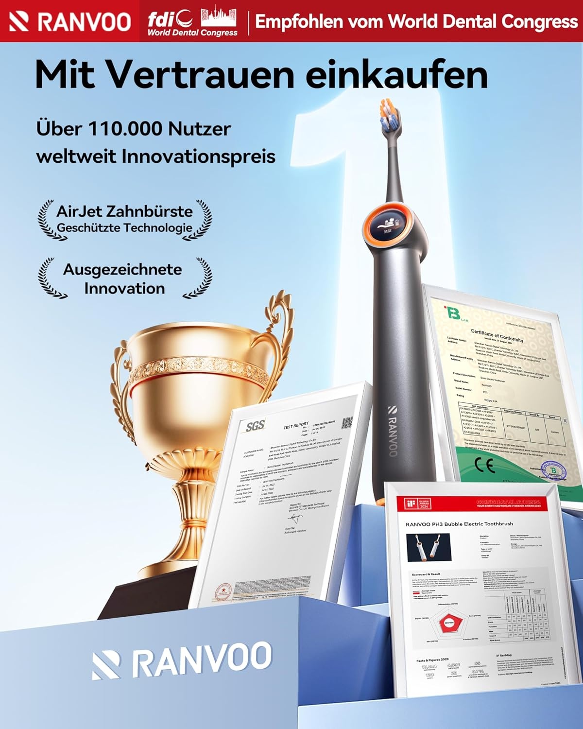 RANVOO [No.1 Clean & Whitening] Bubble Sound elektrische tandenborstel [100% plaque verwijdering] 60 dagen batterij, tandvleesbescherming, 3 modi, timer, reisslot, oplaadbaar, houder, stergrijs