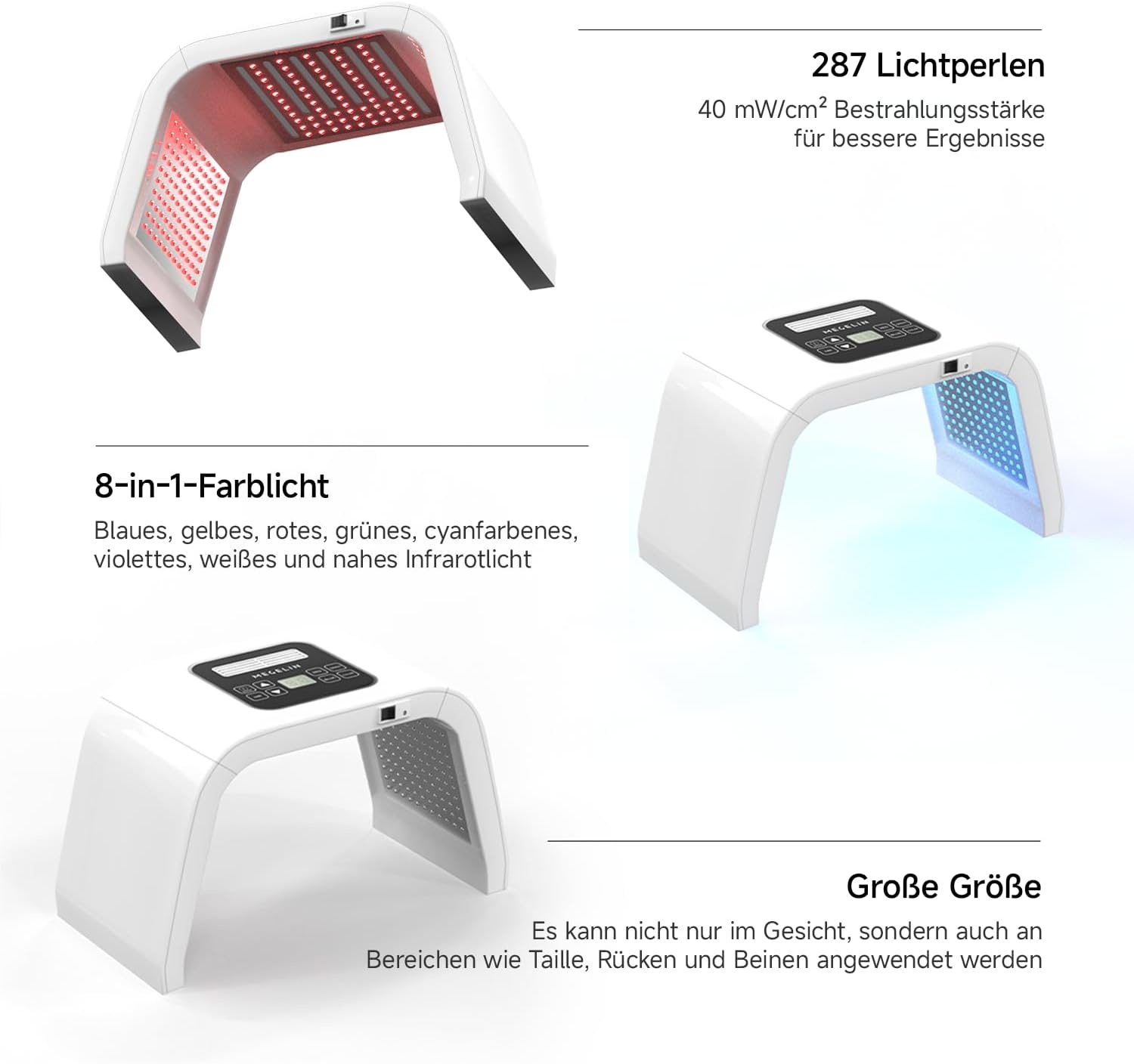 MEGELIN Led-lichttherapieapparaat met 8 kleuren, U-vormige infrarood roodlichtlamp voor gezicht, lichttherapie, led-gezichtsmasker, rug en lichaam
