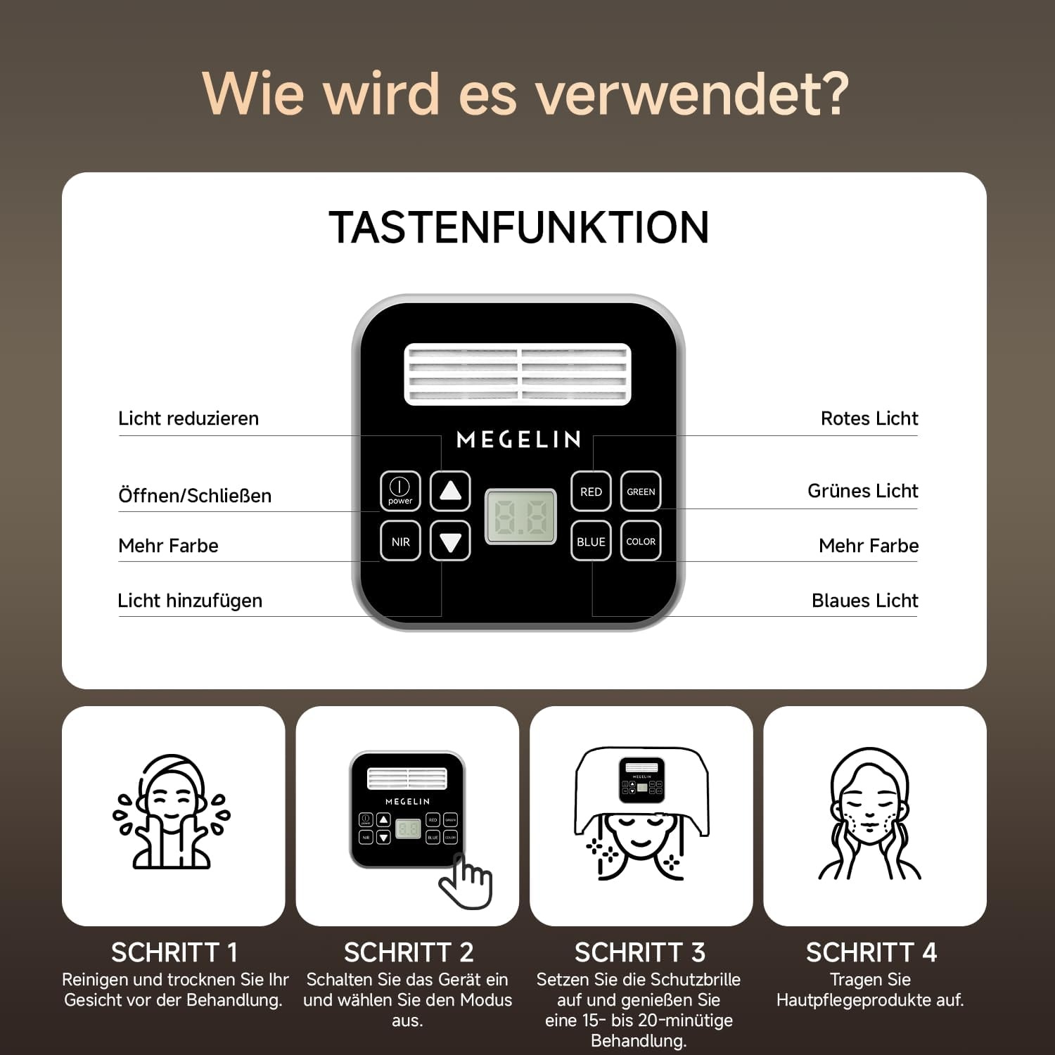 MEGELIN Led-lichttherapieapparaat met 8 kleuren, U-vormige infrarood roodlichtlamp voor gezicht, lichttherapie, led-gezichtsmasker, rug en lichaam