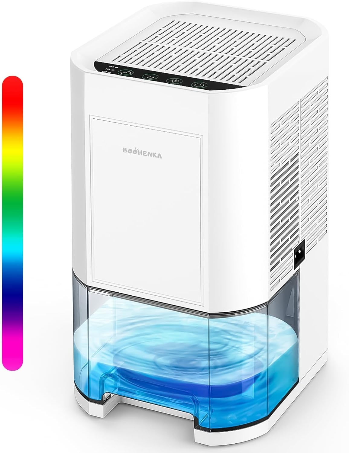 BOOHENKA Elektrische luchtontvochtiger voor thuis, 1200 ml, kleine ontvochtiger voor kelder, badkamer, 7 kleuren, lichtontvochtiger met timer, tegen vocht, nachtmodi