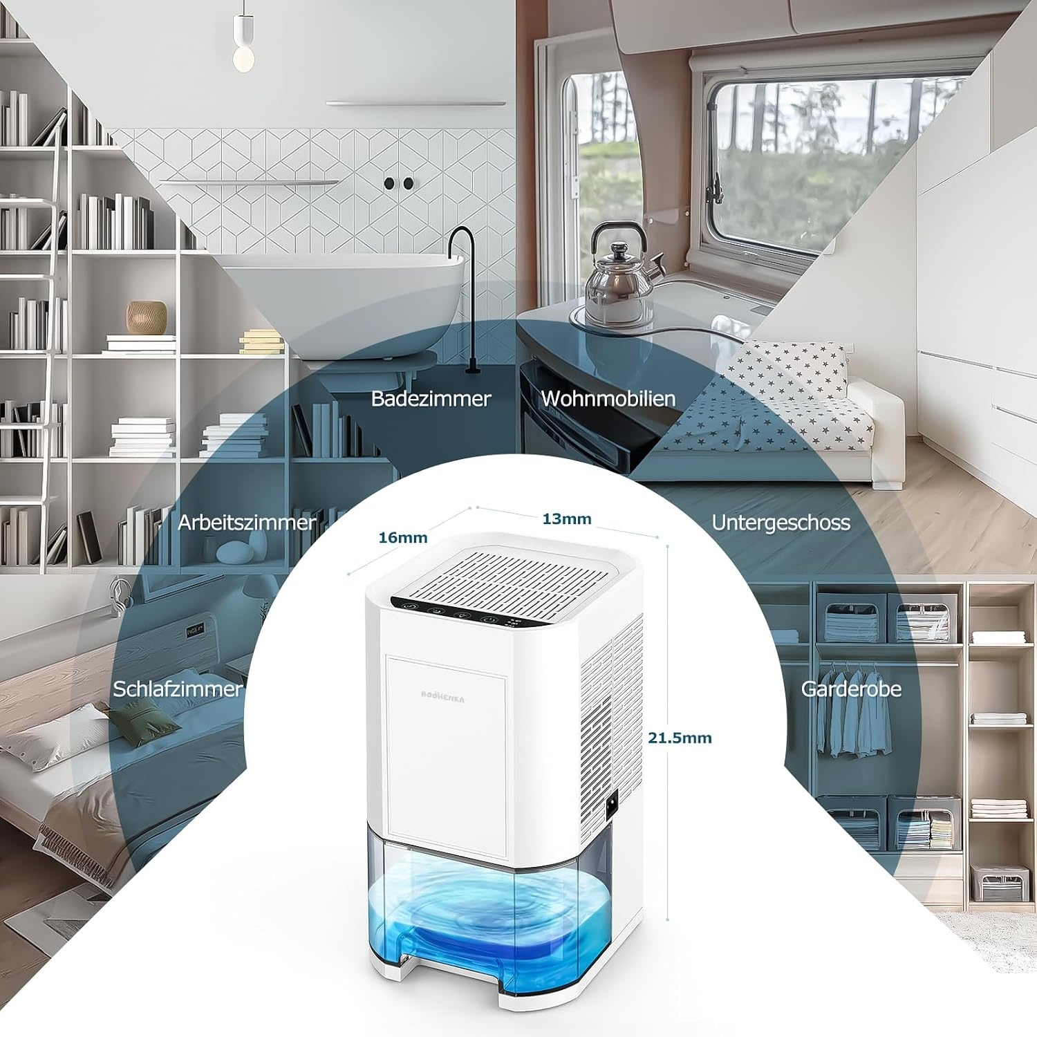 BOOHENKA Elektrische luchtontvochtiger voor thuis, 1200 ml, kleine ontvochtiger voor kelder, badkamer, 7 kleuren, lichtontvochtiger met timer, tegen vocht, nachtmodi