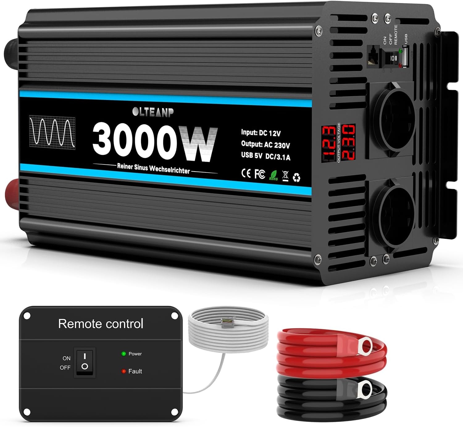 OLTEANP Omvormer 12V naar 230V zuivere sinus 3000W spanningsomvormer Omvormer met EU-aansluitingen en USB-poort -afstandsbediening en LED-display Voor camper, caravan, camping