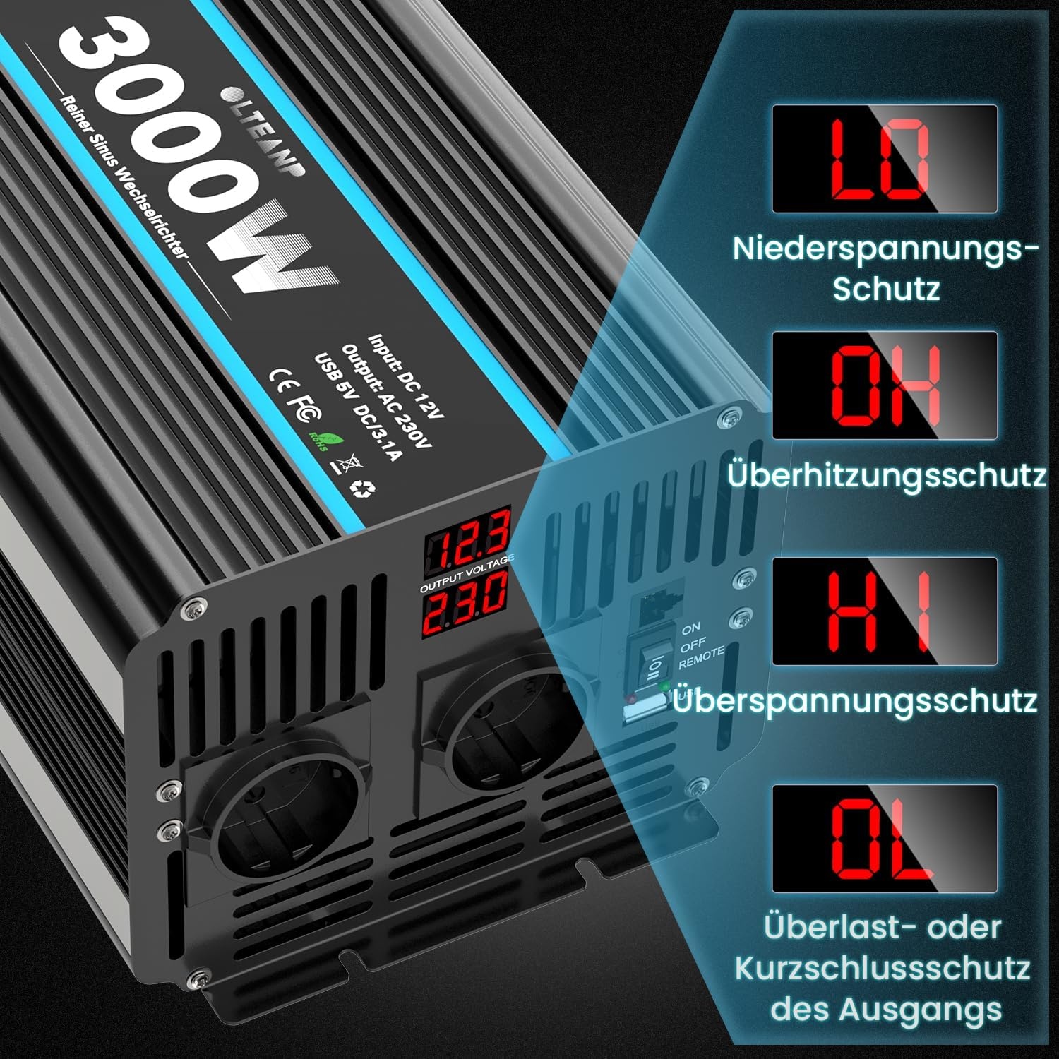 OLTEANP Omvormer 12V naar 230V zuivere sinus 3000W spanningsomvormer Omvormer met EU-aansluitingen en USB-poort -afstandsbediening en LED-display Voor camper, caravan, camping
