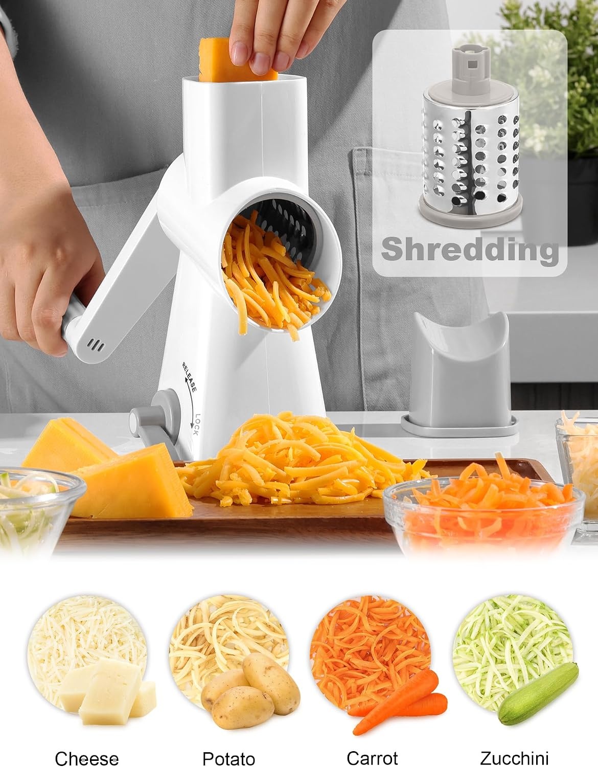 GDL Roterende kaasrasp, groenterasp voor de keuken met drie verwisselbare trommelmessen, groentesnijder voor aardappelen, wortelen, kaas, noten enz