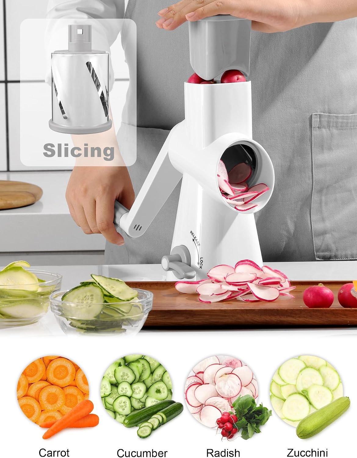 GDL Roterende kaasrasp, groenterasp voor de keuken met drie verwisselbare trommelmessen, groentesnijder voor aardappelen, wortelen, kaas, noten enz