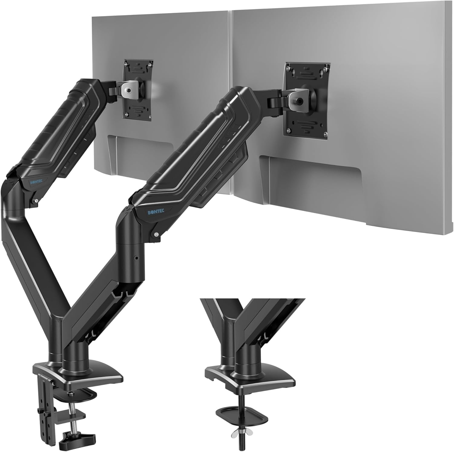 BONTEC Monitorhouder 2 monitoren voor 14 tot 34 inch beeldschermen, gasveer-monitorhouder, VESA 75/100, kantelbaar, zwenkbaar, 360° draaibaar, ergonomisch, kabelmanagement, voor thuiskantoor en gaming - Maat 14-34 Inch