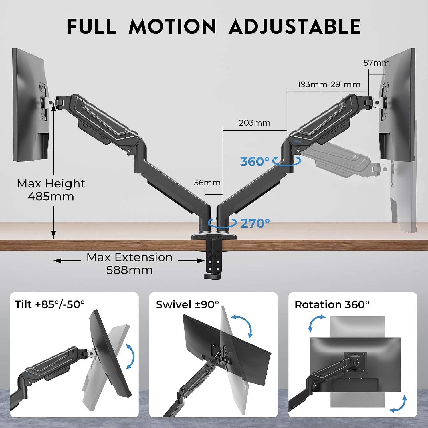 BONTEC Monitorhouder 2 monitoren voor 14 tot 34 inch beeldschermen, gasveer-monitorhouder, VESA 75/100, kantelbaar, zwenkbaar, 360° draaibaar, ergonomisch, kabelmanagement, voor thuiskantoor en gaming - Maat 14-34 Inch