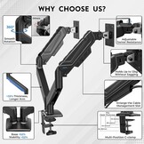 BONTEC Monitorhouder 2 monitoren voor 14 tot 34 inch beeldschermen, gasveer-monitorhouder, VESA 75/100, kantelbaar, zwenkbaar, 360° draaibaar, ergonomisch, kabelmanagement, voor thuiskantoor en gaming - Maat 14-34 Inch