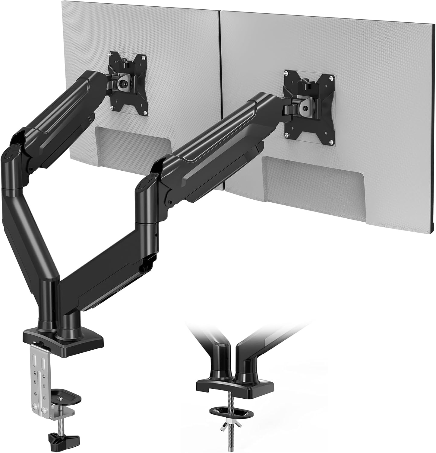 BONTEC Monitorhouder 2 monitoren voor 14 tot 34 inch beeldschermen, gasveer-monitorhouder, VESA 75/100, kantelbaar, zwenkbaar, 360° draaibaar, ergonomisch, kabelmanagement, voor thuiskantoor en gaming - Maat 14-34 Inch