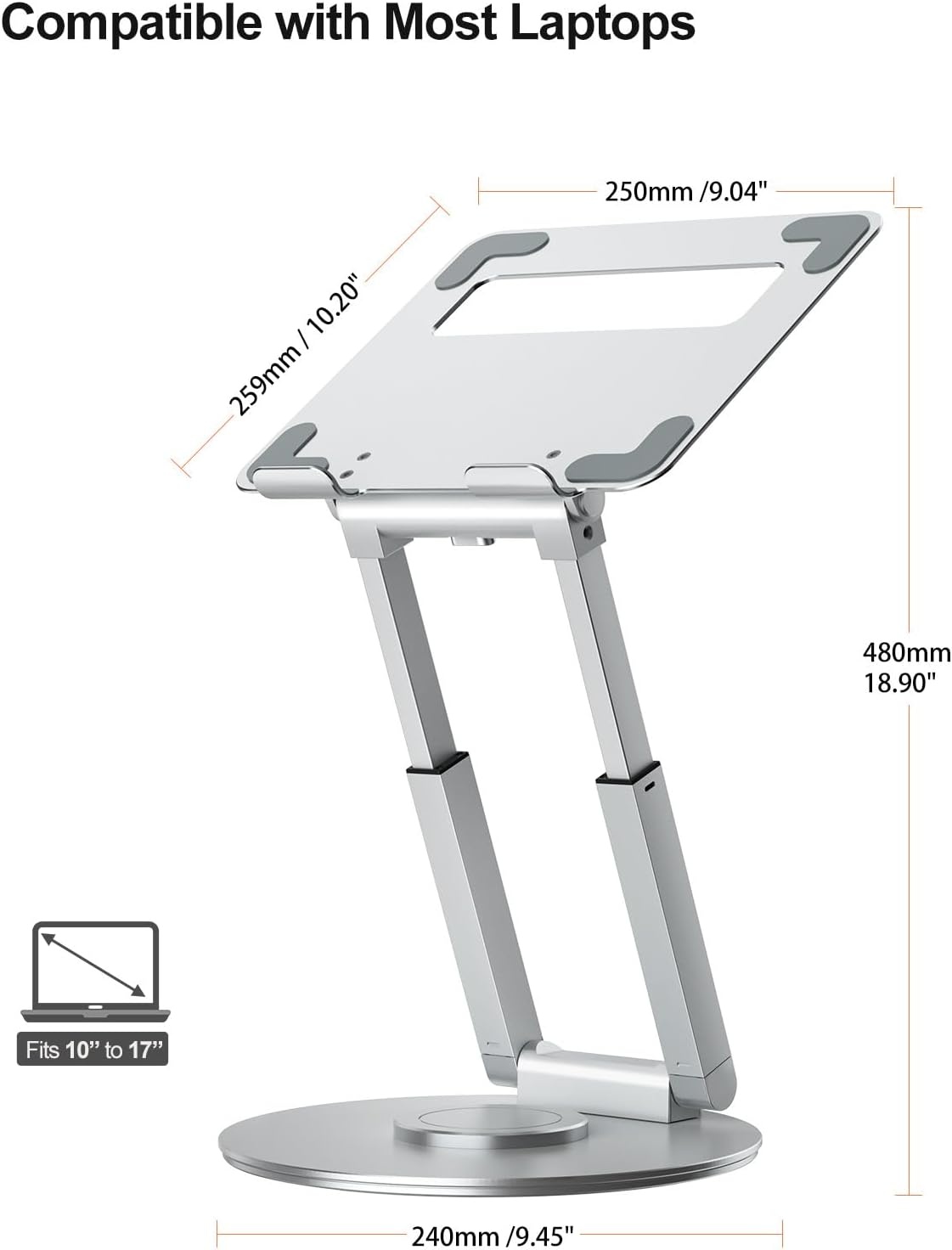 Staande laptopstandaard met 360° draaibare basis, hoge hoogte verstelbare computerstandaard, zit-stand riser, bevorder een gezonde houding, verminder nekpijn compatibel alle laptops 10-17"-zilver