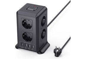 Verticale Stekkerdoos Zwart - 8 Stopcontacten, 4 USB, 2M Snoer, 33% Korting