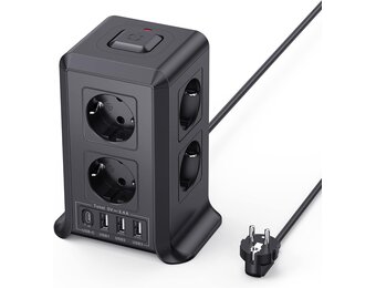 2 M Tower Stekkerdoos, USB-stekkerdoos, 8 AC-stopcontacten en 4 USB-stekkers, Verlengsnoer, overspanningsbeveiliging, verticale stekkerdoos met schakelaar voor tafel, kantoor, huis, zwart