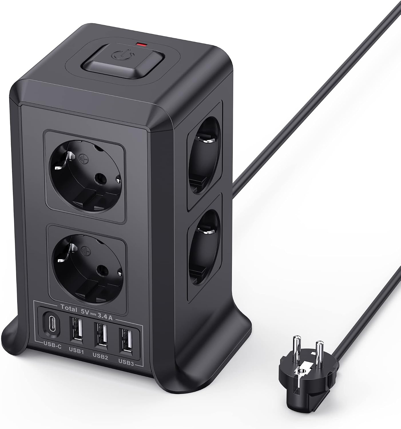 2 M Tower Stekkerdoos, USB-stekkerdoos, 8 AC-stopcontacten en 4 USB-stekkers, Verlengsnoer, overspanningsbeveiliging, verticale stekkerdoos met schakelaar voor tafel, kantoor, huis, zwart