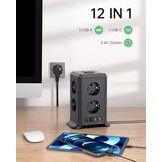 2 M Tower Stekkerdoos, USB-stekkerdoos, 8 AC-stopcontacten en 4 USB-stekkers, Verlengsnoer, overspanningsbeveiliging, verticale stekkerdoos met schakelaar voor tafel, kantoor, huis, zwart