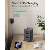 2 M Tower Stekkerdoos, USB-stekkerdoos, 8 AC-stopcontacten en 4 USB-stekkers, Verlengsnoer, overspanningsbeveiliging, verticale stekkerdoos met schakelaar voor tafel, kantoor, huis, zwart
