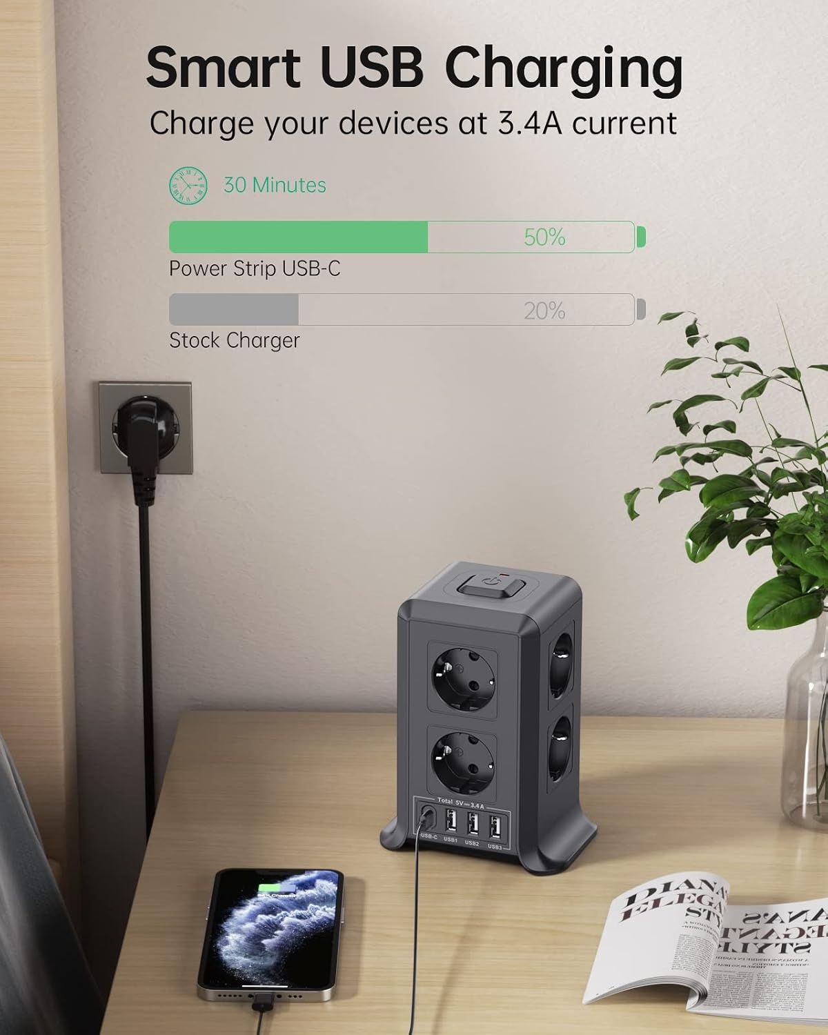 2 M Tower Stekkerdoos, USB-stekkerdoos, 8 AC-stopcontacten en 4 USB-stekkers, Verlengsnoer, overspanningsbeveiliging, verticale stekkerdoos met schakelaar voor tafel, kantoor, huis, zwart
