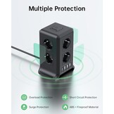 2 M Tower Stekkerdoos, USB-stekkerdoos, 8 AC-stopcontacten en 4 USB-stekkers, Verlengsnoer, overspanningsbeveiliging, verticale stekkerdoos met schakelaar voor tafel, kantoor, huis, zwart
