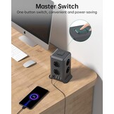 2 M Tower Stekkerdoos, USB-stekkerdoos, 8 AC-stopcontacten en 4 USB-stekkers, Verlengsnoer, overspanningsbeveiliging, verticale stekkerdoos met schakelaar voor tafel, kantoor, huis, zwart