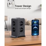 2 M Tower Stekkerdoos, USB-stekkerdoos, 8 AC-stopcontacten en 4 USB-stekkers, Verlengsnoer, overspanningsbeveiliging, verticale stekkerdoos met schakelaar voor tafel, kantoor, huis, zwart