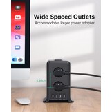 2 M Tower Stekkerdoos, USB-stekkerdoos, 8 AC-stopcontacten en 4 USB-stekkers, Verlengsnoer, overspanningsbeveiliging, verticale stekkerdoos met schakelaar voor tafel, kantoor, huis, zwart