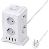 2 M Tower Stekkerdoos, USB-stekkerdoos, 8 AC-stopcontacten en 4 USB-stekkers, Verlengsnoer, overspanningsbeveiliging, verticale stekkerdoos met schakelaar voor tafel, kantoor, huis, zwart