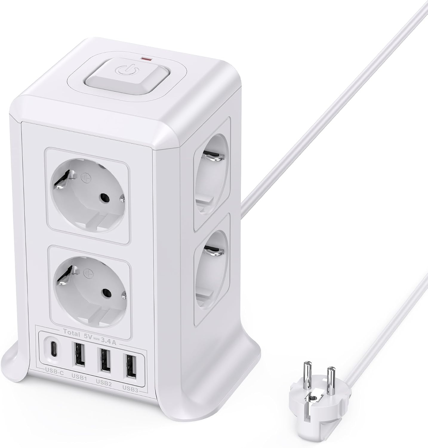 2 M Tower Stekkerdoos, USB-stekkerdoos, 8 AC-stopcontacten en 4 USB-stekkers, Verlengsnoer, overspanningsbeveiliging, verticale stekkerdoos met schakelaar voor tafel, kantoor, huis, zwart