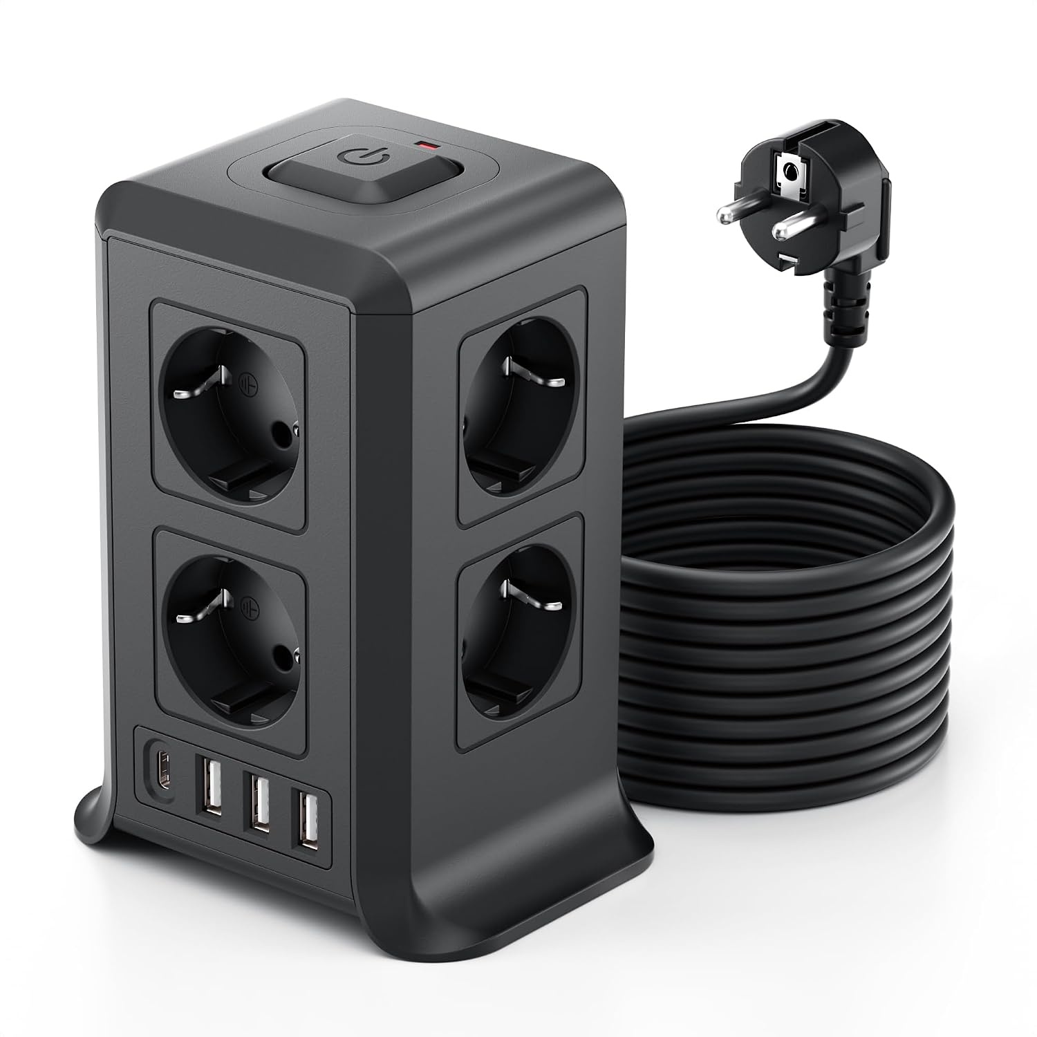 2 M Tower Stekkerdoos, USB-stekkerdoos, 8 AC-stopcontacten en 4 USB-stekkers, Verlengsnoer, overspanningsbeveiliging, verticale stekkerdoos met schakelaar voor tafel, kantoor, huis, zwart