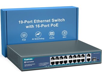 YuanLey 16-poorts PoE-switch met 2 Gigabit Ethernet-uplink, 1 SFP-poort, 250 W PoE+-poortondersteuning 802.3af/at, onbeheerde netwerkswitch met AI Watchdog, VLAN, 6KV-bescherming, Plug and Play in rek