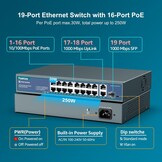 YuanLey 16-poorts PoE-switch met 2 Gigabit Ethernet-uplink, 1 SFP-poort, 250 W PoE+-poortondersteuning 802.3af/at, onbeheerde netwerkswitch met AI Watchdog, VLAN, 6KV-bescherming, Plug and Play in rek