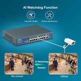 YuanLey 16-poorts PoE-switch met 2 Gigabit Ethernet-uplink, 1 SFP-poort, 250 W PoE+-poortondersteuning 802.3af/at, onbeheerde netwerkswitch met AI Watchdog, VLAN, 6KV-bescherming, Plug and Play in rek