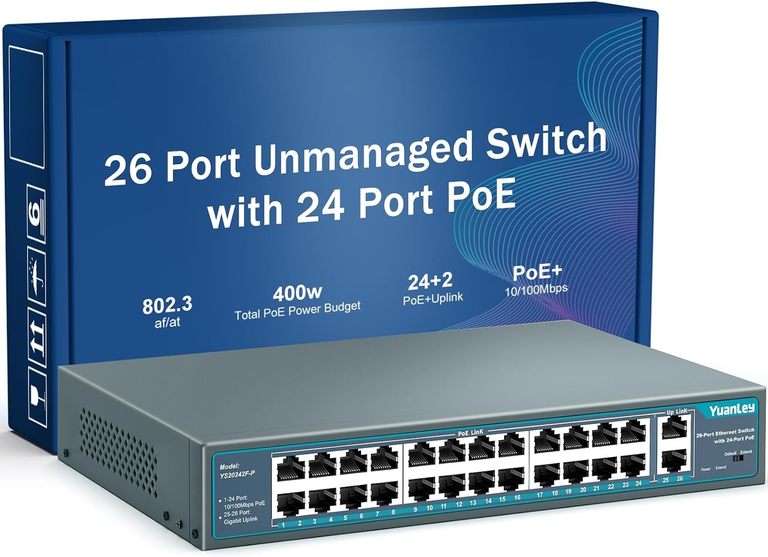 YuanLey 16-poorts PoE-switch met 2 Gigabit Ethernet-uplink, 1 SFP-poort, 250 W PoE+-poortondersteuning 802.3af/at, onbeheerde netwerkswitch met AI Watchdog, VLAN, 6KV-bescherming, Plug and Play in rek