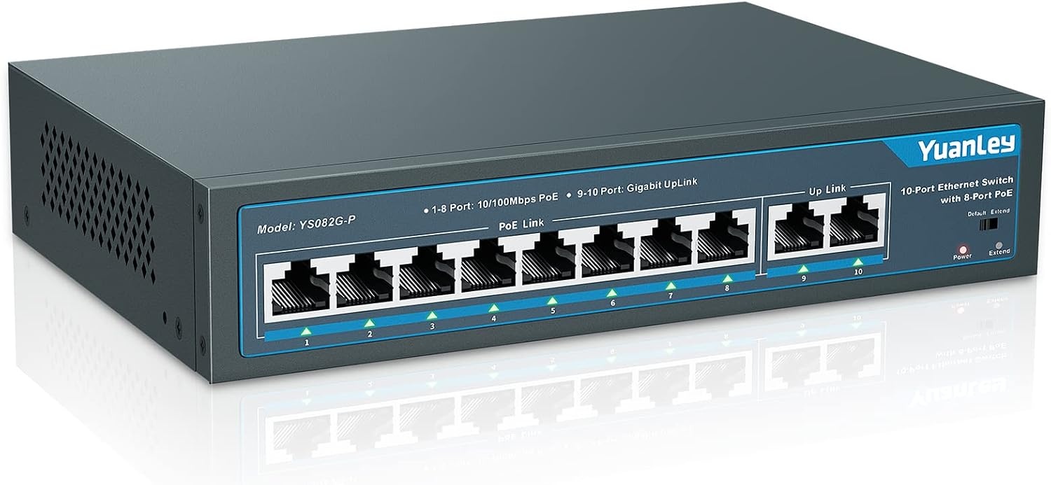 YuanLey 16-poorts PoE-switch met 2 Gigabit Ethernet-uplink, 1 SFP-poort, 250 W PoE+-poortondersteuning 802.3af/at, onbeheerde netwerkswitch met AI Watchdog, VLAN, 6KV-bescherming, Plug and Play in rek