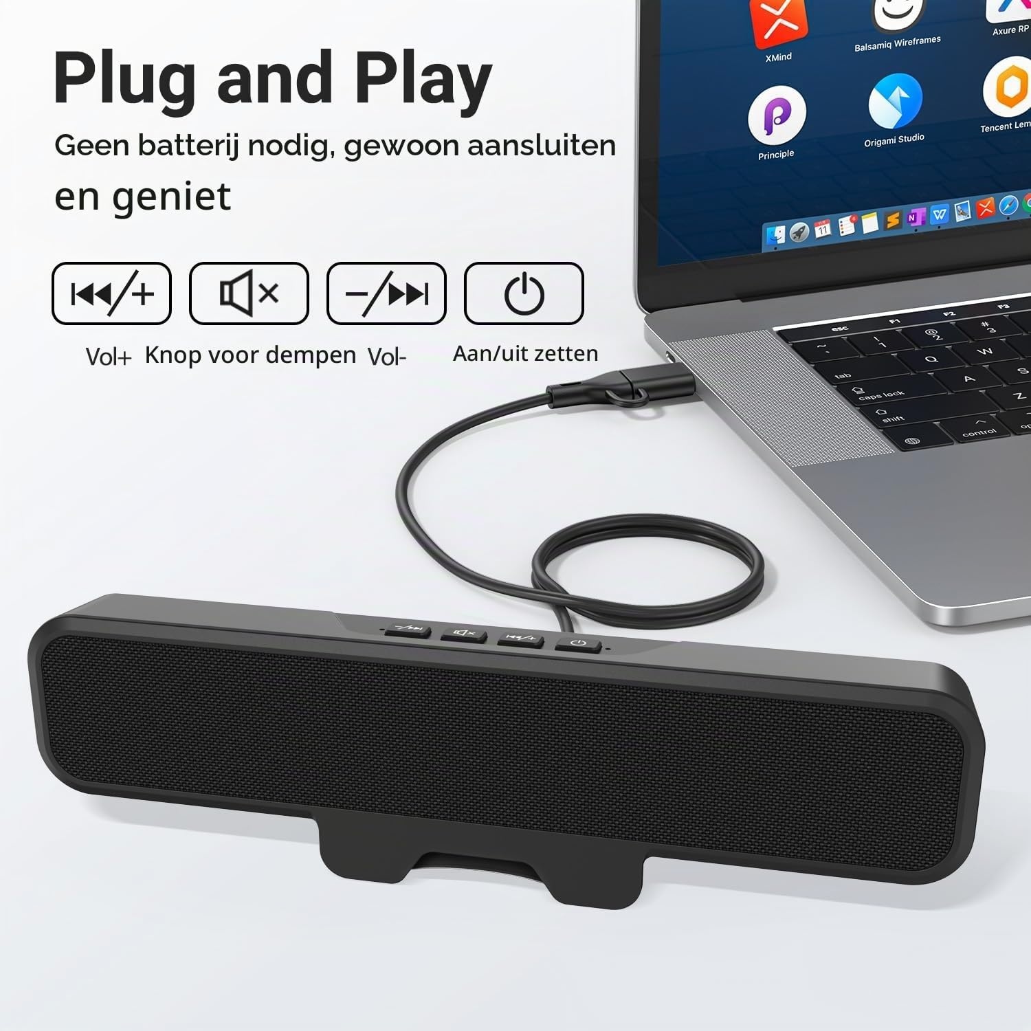 INGA Computerluidsprekers, USB-plug-and-play-desktopluidsprekers, bedrade computersoundbar voor gaming/vergaderingen, eenvoudig klemmen om te monitoren, compatibel met pc, Mac, laptop 10 W