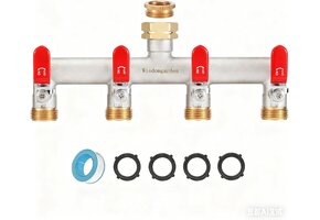 Waterverdeler Messing 4-Weg Tuinslang Kraan, 3/4 inch met Rode Handgrepen - 34% Korting